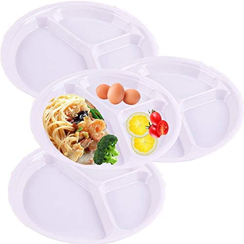4 Stück unterteilte Teller, 26 cm, wiederverwendbar, unterteilt, Kunststoff, dreifach geteilt, rund, Geschirr, Utensilien, Speiseteller für Erwachsene und ältere Personen, 4 Farben in einem Set (weiß) Cover
