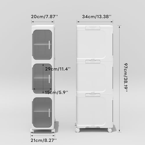 Enjinkail Slim Bathroom Cabinet, Freestanding Plastic Toilet Storage Unit with Door, Waterproof Small Trolley with Wheels for Office, Living Room, Kitchen, Entryway (21W*97H*34D, 3 tier)