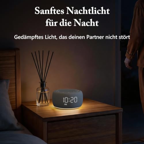 Buffbee Réveil avec machine sonore pour chambre à coucher - Machine à bruit blanc 2 en 1 pour dormir, réveil doux avec sons d'alarme silencieux, veilleuse d'ambiance - Alimentation secteur – vue 4