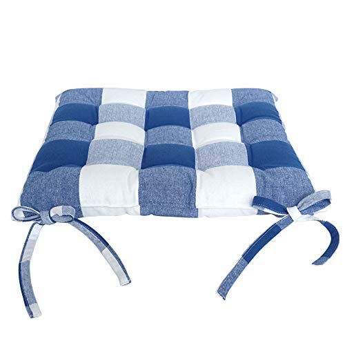 Image of Encasa XO Chair Cushions 40x40 cm with Ties 4 pcs - Buffalo Blue Checks - Stripe Cotton Fabric, Rich Square Seat Cushions Micro-Fiber Filling, Large Size for Sitting, Sofa, Dining Table & Outdoor