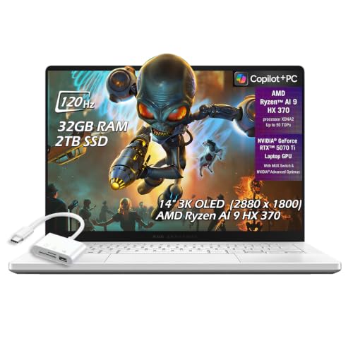 Image of ASUS ROG Zephyrus G14 14 inch 3K OLED Gaming Laptop, (AMD Ryzen AI 9 HX 370, RTX 5070 Ti 12GB, 32GB RAM, 2TB SSD, RGB Backlit Keyboard, WiFi7, Micro SD, Win11), Platinum White, w /USB Hub, W /GaLiMu