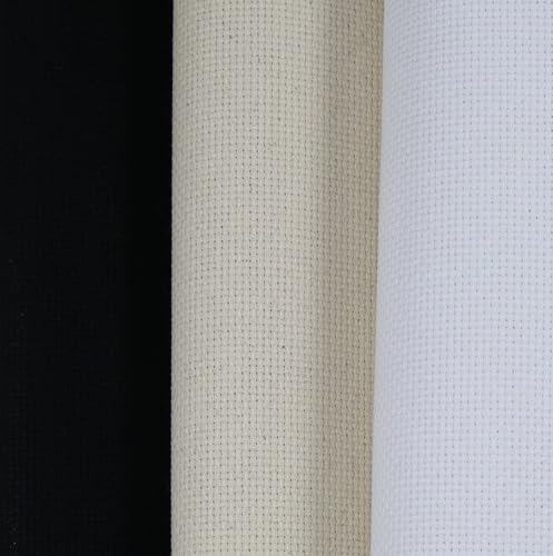 Image of KCS 3 pc of 15 inch x 18 inch(38cmx45cm) Counted Cross Stitch Cotton Aida Cloth Needlework Rolled Fabric Box,16CT,White+Oatmeal+Black