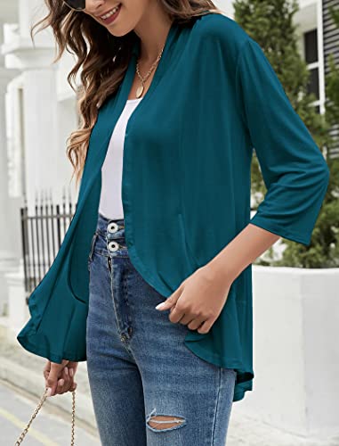 Image of Yekaty Women Cardigan 3 /4 Sleeves Open Front Lightweight Cardigan Draped Ruffles Knit Cardigan