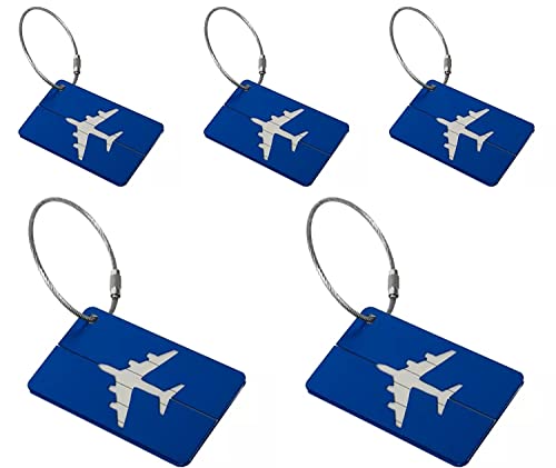 Image of (Set of 5) Aluminum Alloy Metallic Luggage Tags Handle Wraps with Stainless Loop Anti-Break for Travel Identification Suitcase Bag Tag, School & Office Bags (Blue)