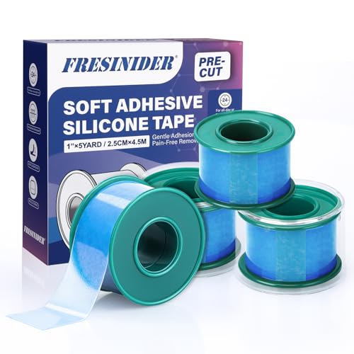 FRESINIDER Silicone Medical Tape – 1" x 5 Yard Blue 4 Rolls, Pre-Cut, Waterproof &amp; Repositionable, Pain-Free Removal, Hypoallergenic Adhesive for Sensitive Skin, Wound Care &amp; First Aid Use