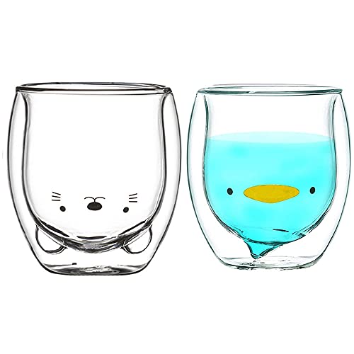 HwaGui Cute Mug Double Wall Glass Coffee Cup Personalised Milk Mug Tea Cup for Birthday Gift ,250ml/8.8oz(Cute Mugs Cat+Duck)