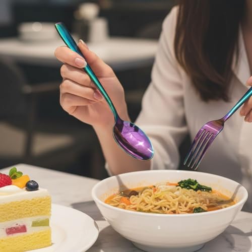 Image of 12-Pcs. Rainbow Cutlery Set - Iridescent Stainless Steel Flatware Service for 6 with 6 Dinner Spoons & 6 Dinner Forks - Titanium Ion Plated Mirror Finish - Multicolor Silverware