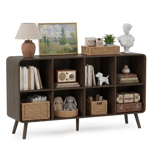 YOSHOOT 8 Cube Bookshelf - 46.5 Wood Cube Bookcase with Legs Open Cubby Bookshelves with Curved Profile Design for Bedroom Living Room Home Office Walnut