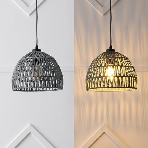 Image of JONATHAN Y 10.25 inch Gray Modern Bohemian Woven Rope LED Pendant Light Fixture, Adjustable Dome Ceiling Lamp for Kitchen Island, Rope Shade, Coastal Farmhouse Decor (JYL6513D)