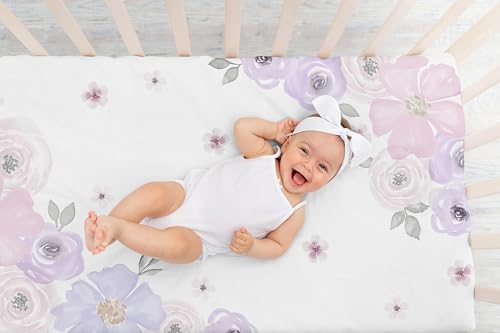 Image of Sweet Jojo Designs Fitted Baby Crib Sheets (Purple /Grey Boho Floral) for Girls, Infant Nursery, Toddler Room - Standard Size (Photo Op, Lavender, Watercolor, Flower, Rose, Farmhouse, Shabby Chic)