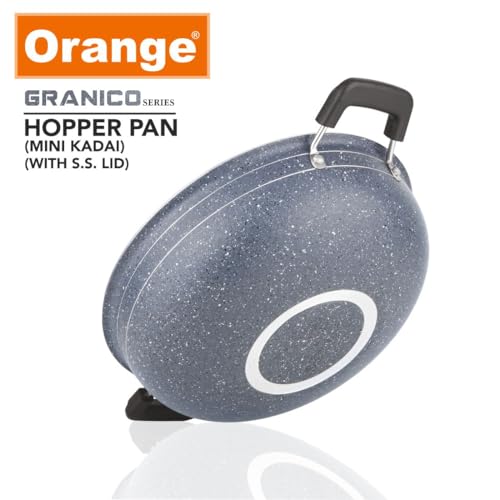Image of Orange Granico Series Non-Stick Mini kadai /Hopper pan with Stainless Steel Lid, Aluminium 2.6mm Thickness | Free Nylon Spatula & Scrubber | 175mm, 1 Lit Capacity | Gas Stove Friendly | 1Year Warranty