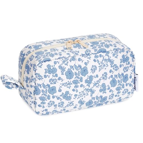 Image of Narwey Cute Makeup Bag Small Toiletry Bag Travel Cosmetic Bag Organizer Make Up Bags with Organized Pockets for Women (Blue Flower, Large)