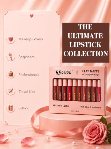 Image of Recode Clay Matte Liquid Lipsticks 2 ML x 10|Long Lasting|Waterproof|Perfect for Gifting,Wedding & Special Occasions|Smudge-proof|Infused with olive & Jojoba Oil|Travel Pack of 10