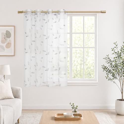 DALINA Visillos Cortina Transparente Ligera con Ojetillos para Ventanas, Puertas y Cocina, Estampada con Ramas y Hojas, Blanco, 140An x 140Al cm, 1 Paneles