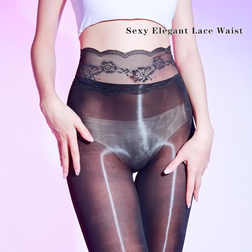 Women's Oily Shiny Pantyhose Seamless Sheer Tights 8 Denier High Waist Lace Gloss Stockings4