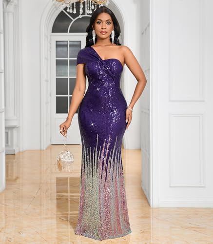 Image of Cololura Women Sexy Sequin One Shoulder Mermaid Formal Party Cocktail Gowns Bodycon Evening Maxi Dress