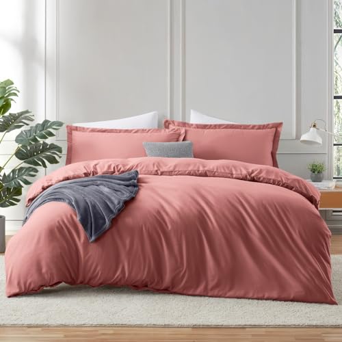 Image of Hearth & Harbor Pink Clay Duvet Cover with Fitted Sheet Full Size | 4 Piece Soft Double Brushed Bedding Set, Button Closure, 1 Duvet Cover 80x90 Inches, 1 Fitted Sheet, 2 Pillow Shams