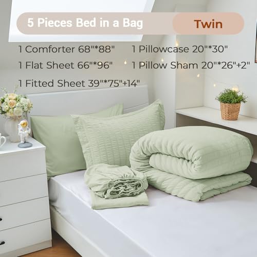Image of MUXHOMO 5 Pieces Twin Comforter Set, Seersucker Bed in a Bag Twin Size, All Season Luxury Bedding Set with Comforter, Flat Sheet, Fitted Sheet, Pillowcase & Sham, Light Green