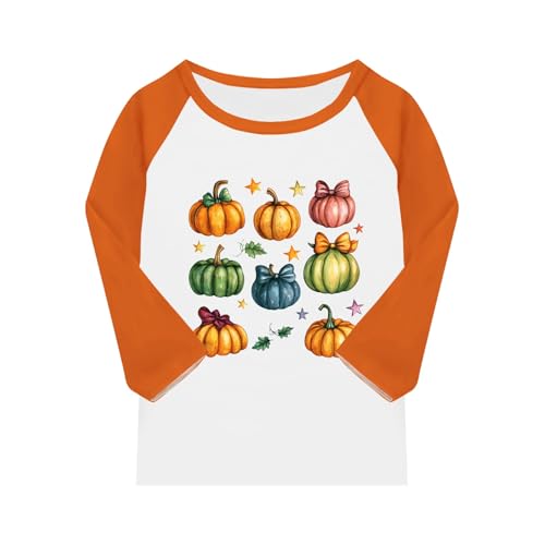Girls Halloween Pumpkin Graphic Raglan T-Shirt 3/4 Sleeve Fall Top Cute Kids Holiday Orange and White Tee2