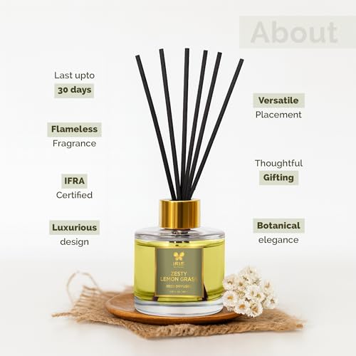 Image of IRIS Aroma Reed Diffuser - 100ml | Elegant Home Fragrance with 6 Fiber Reeds, Glass Round Bottle with Gold Cap | Aroma Diffuser for Cozy Decor & Gifting (Zesty Lemongrass)