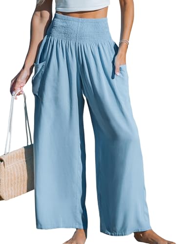 CUPSHE Women Pants Woven Smocked Waist Utility Pockets Straight Leg Pants Casual Summer Holiday Beach