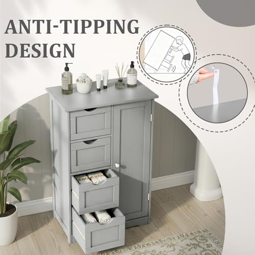 Image of Vasitelan Bathroom Wooden Floor Cabinet, Side Storage Organizer with 4 Drawers and 1 Cupboard, Freestanding Entryway Storage Unit Console Table,22 inch W x 11.8 inch D x 31.5 inch H (Gray)