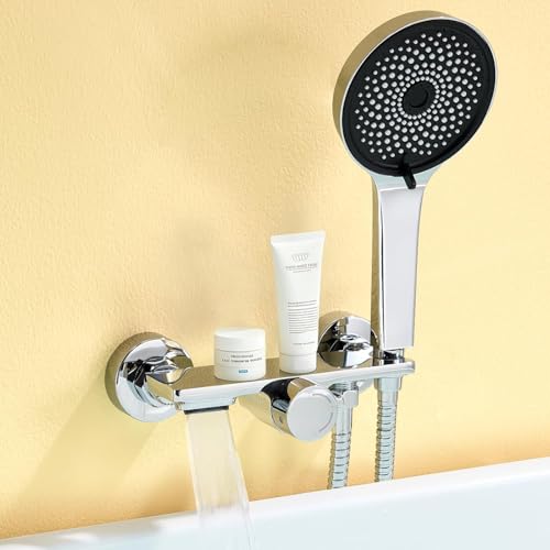 Auralum Conjunto de Grifo de Bañera y Ducha con Cascada, Mezclador Monomando de Latón con Estante de Almacenamiento, Alcachofa de Mano 5 Modos y Manguera 1.5m, Sistema de Ducha de Pared, Cromo
