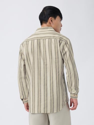 Image of The Souled Store: Echo Men and Boys Long Sleeve Spread Collar Beige and Blue Striped Regular Fit Casual Easy to Wear Summer Ready Lightweight Cotton Linen Shirt