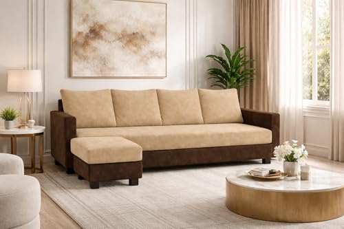 Image of SOCOZI Braven 5 Seater L Shape Sofa Set with Movable Ottoman | Flexible Layout | Soft Velvet Suede Fabric | Modern Design | Plush Comfort Cushions for Living Room (Dark Brown-Beige)