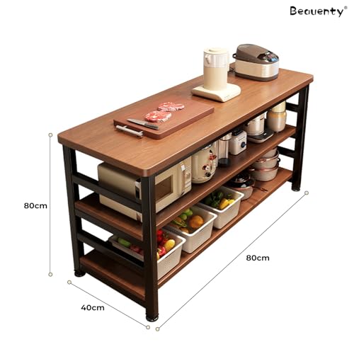 بيونتي طاولة مطبخ 80 سم مع مساحة تخزين، طاولة جزيرة ثابتة من 3 طبقات مع سطح طاولة كبير، طاولة مطبخ متحركة مع ارفف، بار قهوة ورف ميكروويف للمنزل وتناول الطعام (تصميم 2)