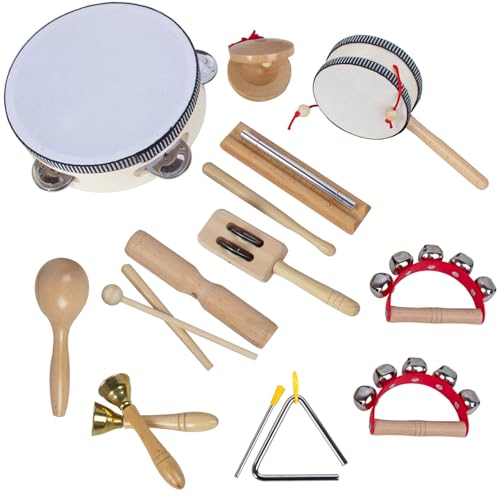 Wooden Musical Instruments Set for Toddlers 1-3, Natural Wood Percussion Instruments Xylophone Gift Set for Girls Boys Kids ,Preschool Educational Musical Toys with Storage Bag (Log Color)