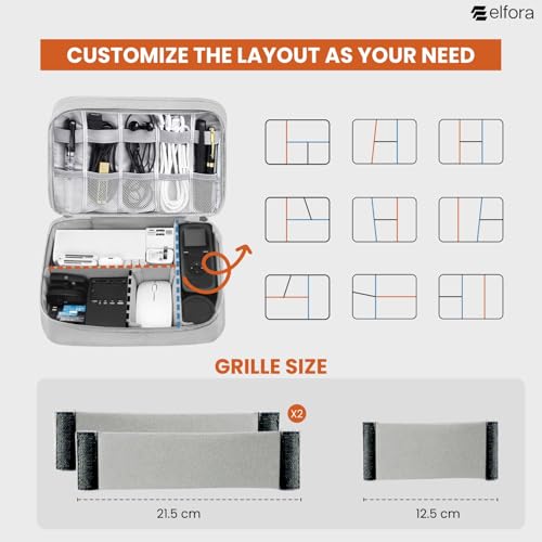 Image of Elfora Electronics Gadget Organizer Bag | Travel Tech Accessories Case for Cables, Phone, USB Charger, Earphone & Power Bank | Multi-Purpose Storage Pouch with Mesh Pockets & Handle Carry Strap (Grey)