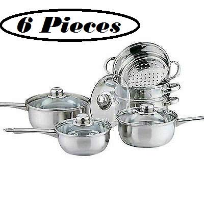 Be-Creative NEW COOKWARE SET SAUCEPAN FRYING PAN POT STAINLESS STEEL NON STICK GLASS CERAMIC (COOKWARE STEAMER SET, 6)