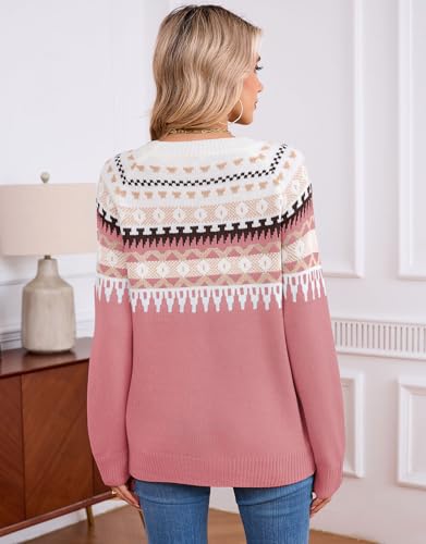 Image of Women's Fair Isle Sweater Crew Neck Long Sleeve Heart Sweater Vintage Tops