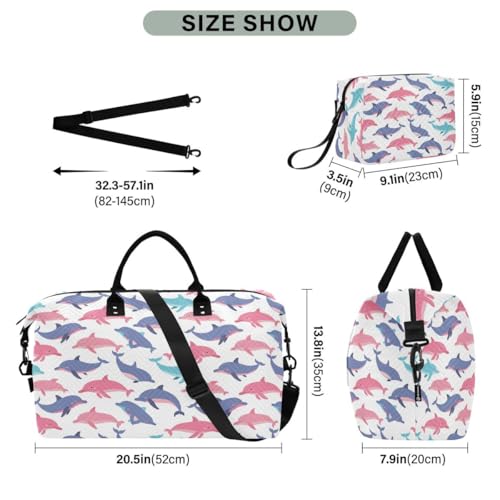 Fish Dolphin White Travel Duffle Bag Gym Bag Weekender Bags with Toiletry Bag Travel Trip Tote Bag3