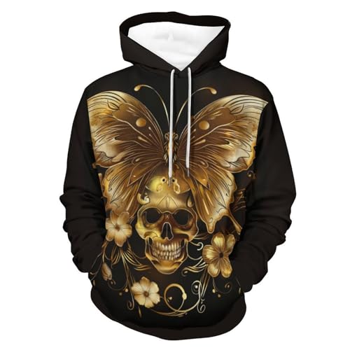 Sweat à Capuche Papillon Doré Crâne pour Homme et Femme en Taille S