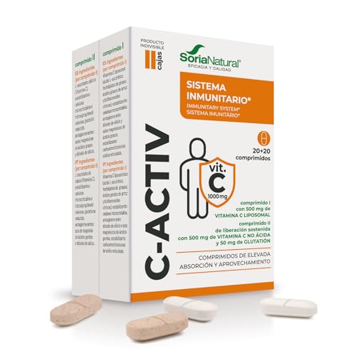 Soria Natural C-Activ – Con Vitamina C Liposomal, No Ácida y Glutatión – Favorece el Sistema Inmune y Ayuda a Disminuir el Cansancio y la Fatiga – 20 Comprimidos de 1200 mg y Comprimidos de 1400 mg