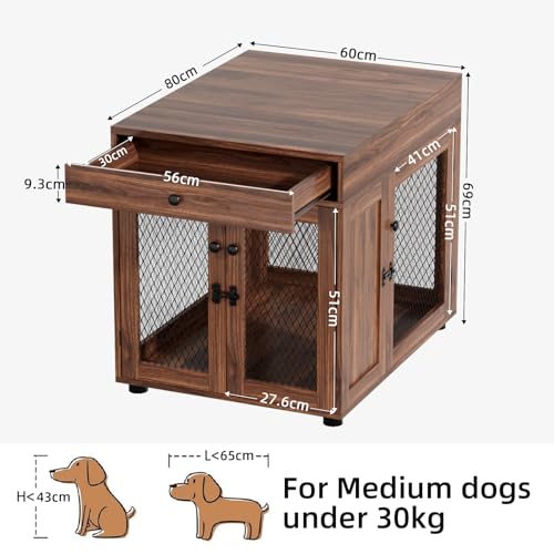 VOWNER Hundekäfig Möbel Indoor, 3 Türen Holz Hundebox mit Schublade, Moderne Hundehütte als Beistelltisch, 60 x 80 x 69 cm für kleine/mittelgroße Hunde Zuhause unter 30 kg, Walnussbraun