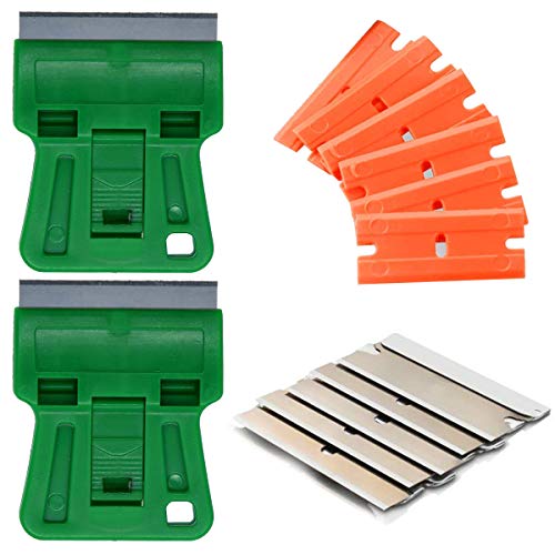 Wekoil 1.5 inches High Visibility Mini Razor Blade Scraper Glass Scraper Green Paint Window Scraper With 5 Metal Scraper Razor Blades 5 Dual Plastic Double Edge Razor Blades Removing Decal Stickers