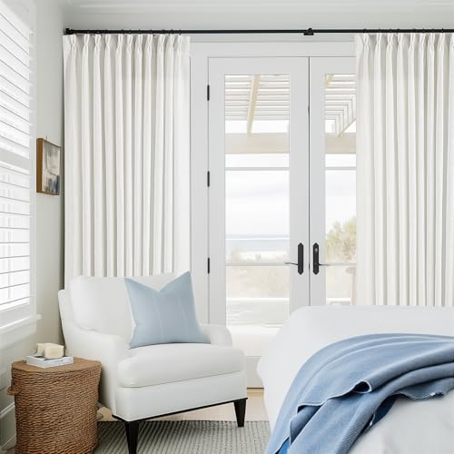 Image of Beige White 70 Inch Wide Curtains 90 Inches Long for Living Room Light Filtering Semi Sheer Modern Farmhouse Pleated Curtain with Hooks Rings for Patio Sliding Door Dining Room Large Window 1 Panel