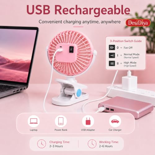Image of Desidiya USB Rechargeable Clip Fan, 2 Speed Portable Desk Fan, Pink | Rechargeable clip-on fan with 2 speeds, adjustable tilt, quiet airflow and portable design for home, office & travel.