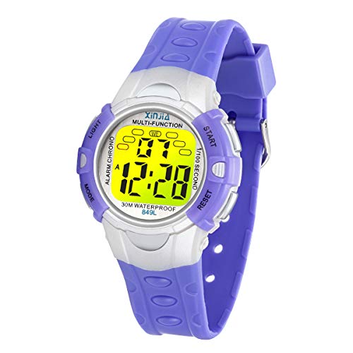 Preisvergleich Produktbild Kinder Digitaluhren, 7 Farben LED-Licht Kinder Sport Armbanduhr Jungen Wasserdicht Kinderuhr mit Alarm Stoppuhr, Kinderuhren Outdoor Armbanduhr für Jungen Mädchen (849L Lila)