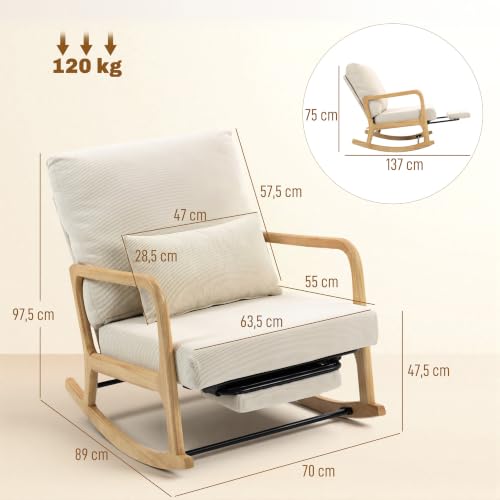 Miniatura 3 de Homcom Silla Mecedora Con Reposapiés, Respaldo Ajustable, Mecedora De Pana Nórdica, Patas De Madera, Reposabrazos, Cojín Lumbar, Sillón De Relax, Carga 120 Kg, Para Dormitorio, Salón, Crema