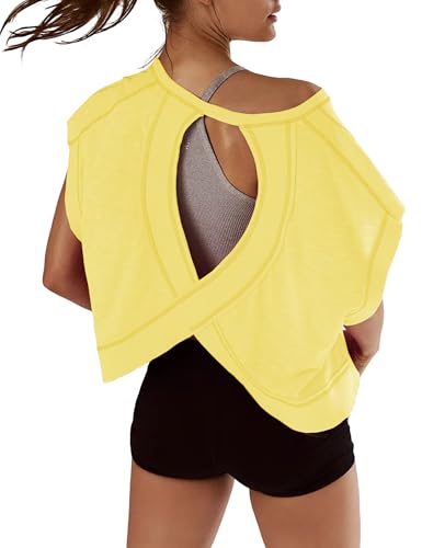 Womens Oversized Tshirts Workout Batwing Sleeve Gym Shirts Boat Neck Slouchy Tees Open Back Athletic Top Deep Yellow L