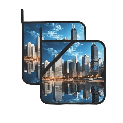 Pot Holders Set of 2 Heat Resistant Non Slip Potholders Chicago Reflected Pot Holders Kitchen Hot Potholders Washable Oven Mitts Cooking Pads Oven Hot Pads for Kitchen Cooking Baking Barbecue