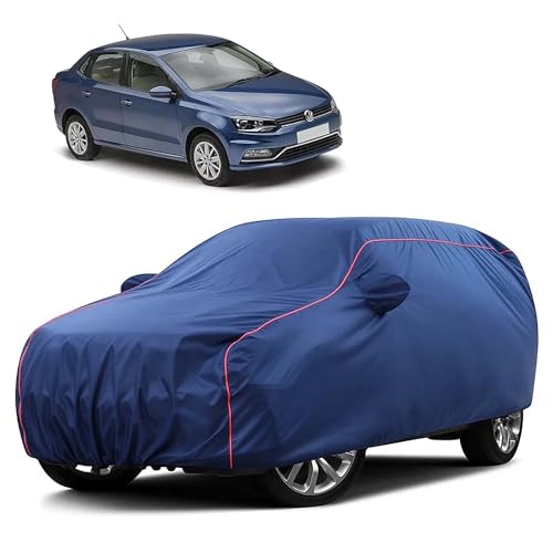 Image of Sulfar 100% Water Resistant Car Body Cover Compatible with Mirror for Volkswagen Ameo (Triple Stitched, Full Bottom Elastic, Blue Taffeta with Red Piping)