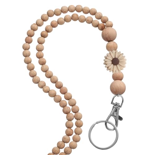 uxcell Beaded Lanyards for ID Badges, Cute Teacher Lanyard Wooden ID Badge Lanyards with Clips for Women Teacher Gifts Chains Keychains, Beige (Flower)