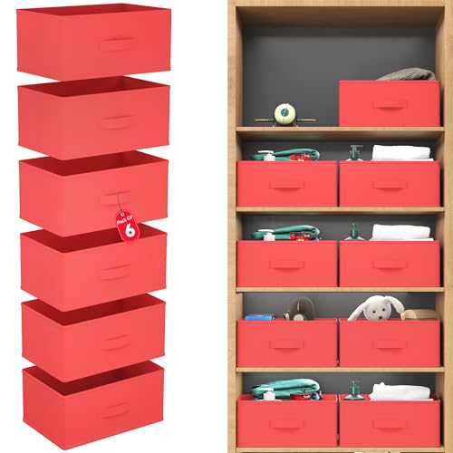 Kuber Industries 6 organizadores de armario no tejidos de 26 litros para almacenamiento, organizador de cajones, caja de almacenamiento multiusos para ropa, libros y juguetes, color rojo