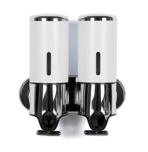 Hendalino Dispensador Jabon Ducha de Pared Baño Manual Bomba Mural Sin Taladrar Adhesive,Shampoo y Acondicionador Loción Gel Champu Manos Dispensador 500ml ABS Room T-Bar Metal,Blanco 2 Apartado Cover