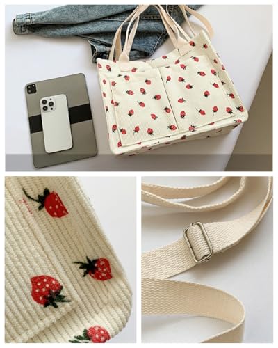 Image of Strawberry Tote Bag for Women with Pockets Corduroy Crossbody Shoulder Handbags Purse for Work